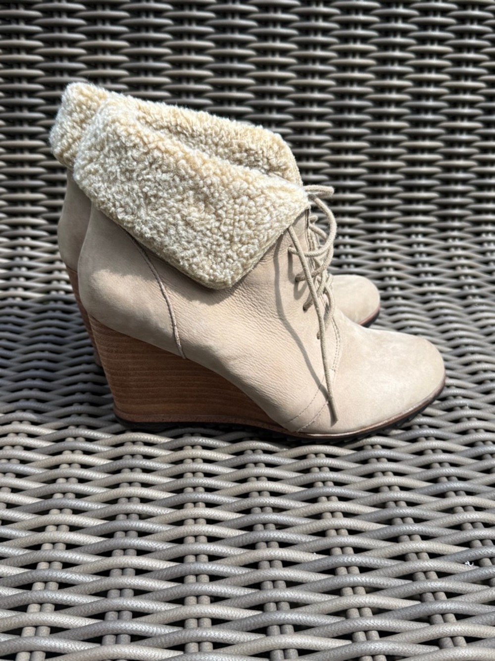 Caslon Lace-Up Beige Wedge Bootie with Shearling Cuff - Size 39